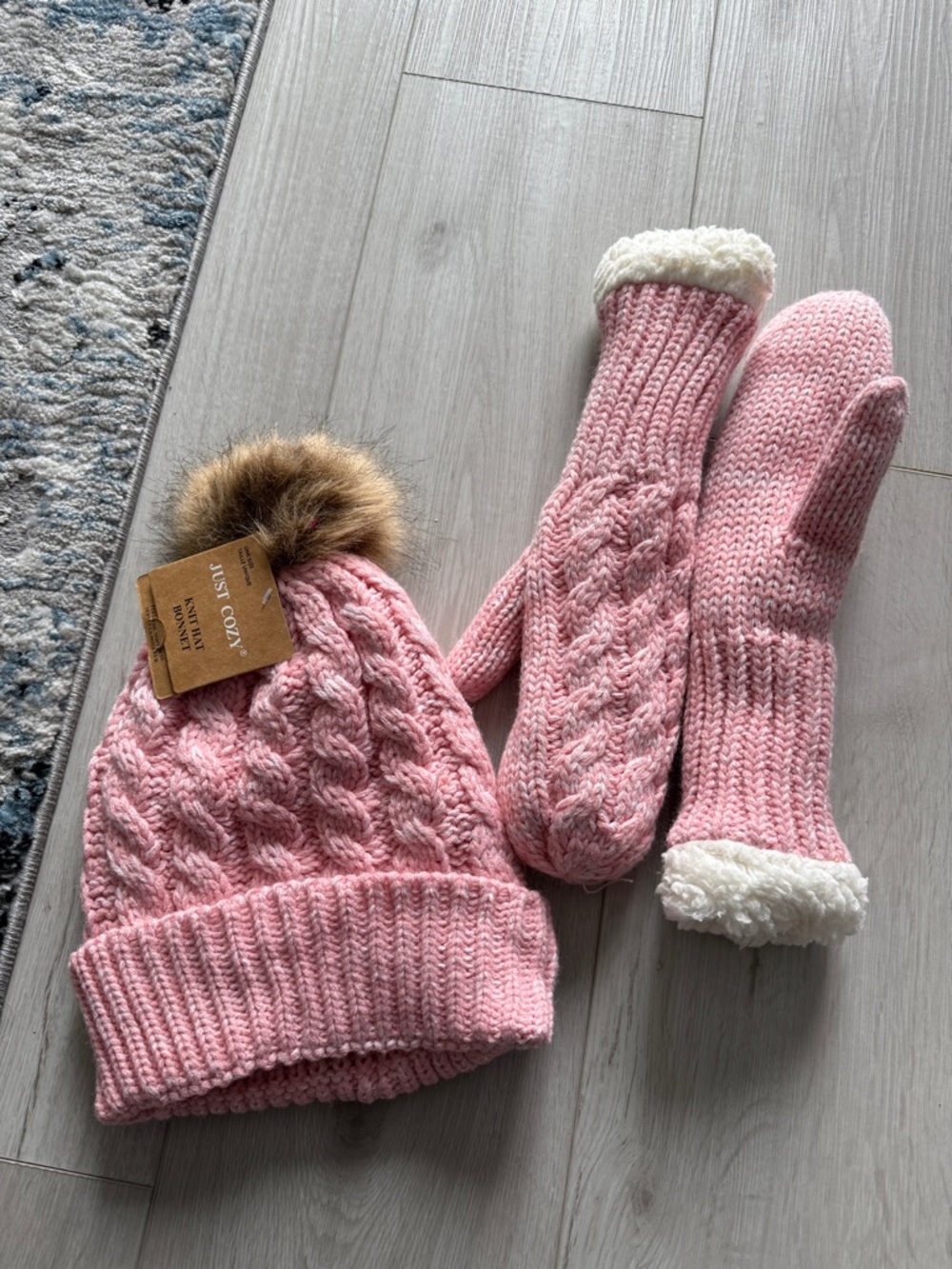 Cozy Pink Cable-Knit Pom Beanie and Sherpa-Lined Mittens Set